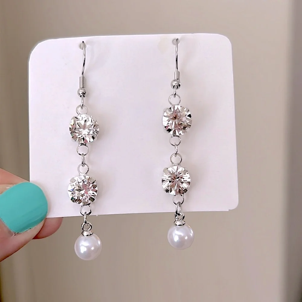 Elegant Silver + Pearl Crystal Drop Earrings